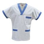 Casacca bianca con rimessi colorati e scollo a "V"