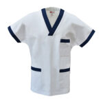 Casacca bianca con rimessi colorati e scollo a "V"