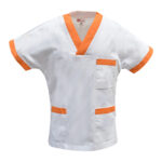 Casacca bianca con rimessi colorati e scollo a "V"