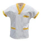 Casacca bianca con rimessi colorati e scollo a "V"