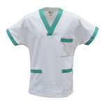 Casacca bianca con rimessi colorati e scollo a "V"