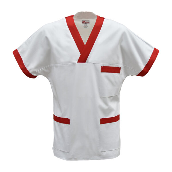 Casacca bianca con profili colorati e scollo a "V" - Rosso